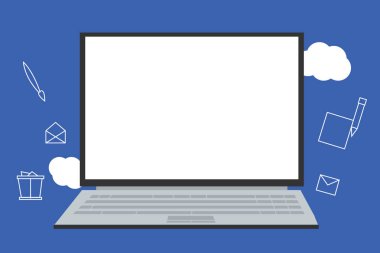 Düz tasarım iş vektör çizim boş kopya alanı metin reklam Web sitesi tanıtım için esp izole Banner şablon boş ekran ve simgeler yazma ile açık dizüstü bulutlu zemin üzerinde yüzen