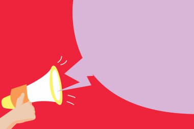 Düz tasarım iş vektör illüstrasyon kavramı boş şablon kopya alanı posterler kupon promosyon malzemesi insan eli elinde megafon ses efekti ve boş yayın kabarcık izole