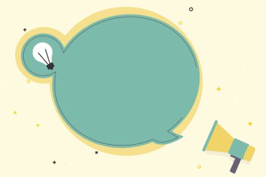 Düz tasarım iş vektör illüstrasyon kavramı boş kopya metin esp için şablon boş yuvarlak konuşma balonu ampul fikir simgesi etiket tarzı ve megafon ile promosyon malzeme sahte Web afiş