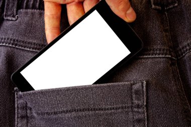 Tasarım iş boş kopya alanı metin reklam Web sitesi tanıtım için Banner şablon adam tutun cep telefonu beyaz ekran mesaj uygulama jean cep tutan izole