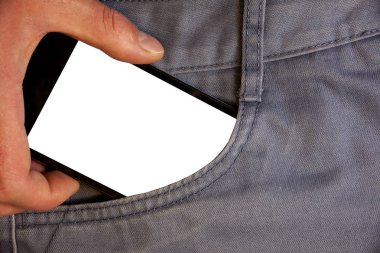 Boş şablon kopya alanı posterler kupon promosyon malzemesi şahsiyet izole iş kavramı el koymadan cep telefonu yolu büyüleyici arka cebine