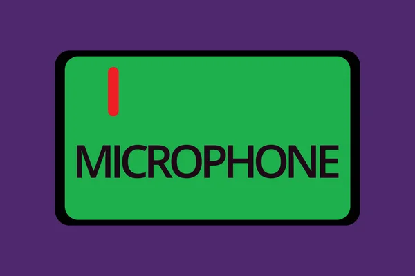 Textschild mit Mikrofon. konzeptionelles Foto-Instrument zur Umwandlung von zu übertragenden Schallwellen aufgezeichnet — Stockfoto