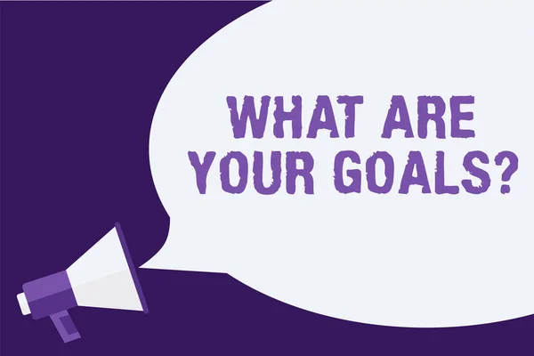 Handwriting text What Are Your Goals question. Concept meaning ask the Desired End Results to know the plans Megaphone loudspeaker speech bubbles important message speaking out loud. — Stock Photo, Image