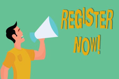 Kavramsal el Register Now gösterilen yazma. Bilgi özellikle senin adın bir resmi liste koymak için vitrine iş fotoğraf