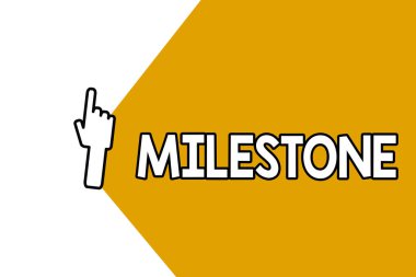 Kavramsal el kilometre taşı gösterilen yazma. Önemli aşama ya da bir şey, gelişmesinde olay vitrine iş fotoğraf