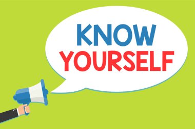 Word metin yazma kendinizi biliyorum. İş kavramı bulmak sen anlama gücü ve zayıf kimlik megafon hoparlör konuşma balonu mesajı yüksek sesle konuşan tutan adam.