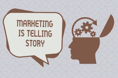 Pazarlama olduğunu hikaye gösterilen metin işareti. Kavramsal fotoğraf marka ürün veya hizmet içine nefes hayat