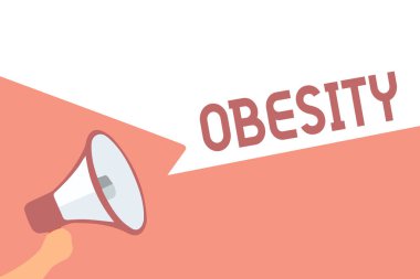 Obezite yazma el yazısı metin. Tıbbi durum aşırı vücut yağ birikmiş sağlık sorun megafon hoparlör konuşma kabarcıklar önemli mesajı yüksek sesle konuşma anlam kavramı.
