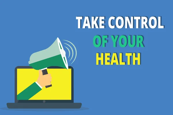 Handgeschreven tekst schrijven controle nemen van uw gezondheid. Concept wat betekent balans leven integreren Wellness- en fitnessruimte — Stockfoto