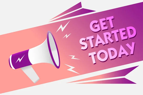 Writing note showing Get Started Today. Business photo showcasing lets do it Dont hesitate Now or never Get going No delay Sound speaker convey messages ideas three text lines logo type design.