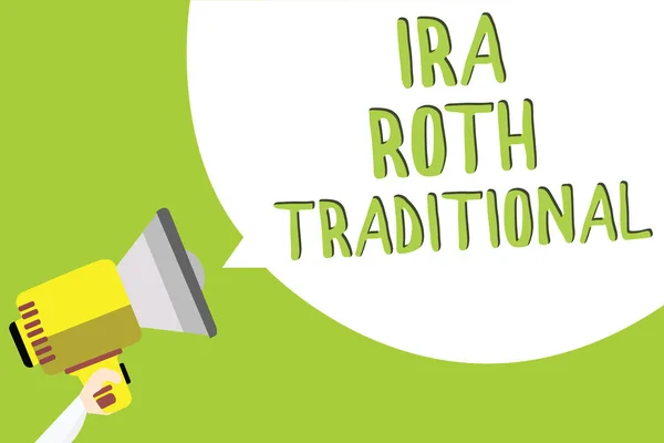 Tekst teken weergegeven: Ira Roth traditionele. Conceptuele foto zijn fiscaal aftrekbaar op zowel staat als federale Multiline tekstbericht idee brengen verslag geluid luidspreker aankondiging. — Stockfoto