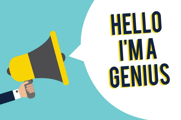 Tekstskrivning Hej Jeg er et geni. Business koncept for Introducer dig selv som over gennemsnittet person til andre Signal indikation højttaler meddelelse alarmerende script symbol advarsel . - Stock-foto