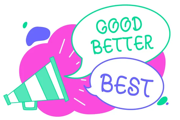 Writing note showing Good Better Best. Business photo showcasing Increase quality Improvement Achievement Excellence Creative multiple bubble cloudy curly design text lines messages idea. — Stock Photo, Image