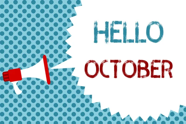 Signo de texto que muestra Hello October. Foto conceptual Último trimestre Décimo mes 30days Temporada Saludo Megáfono altavoz discurso burbuja mensaje azul fondo medio tono . — Foto de Stock