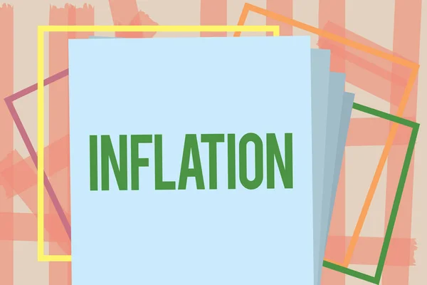 Uwaga: pisanie Wyświetlono inflacji. Biznesowe zdjęcie prezentujący ogólne wzrost cen i spadek zakupów wartości pieniądza — Zdjęcie stockowe