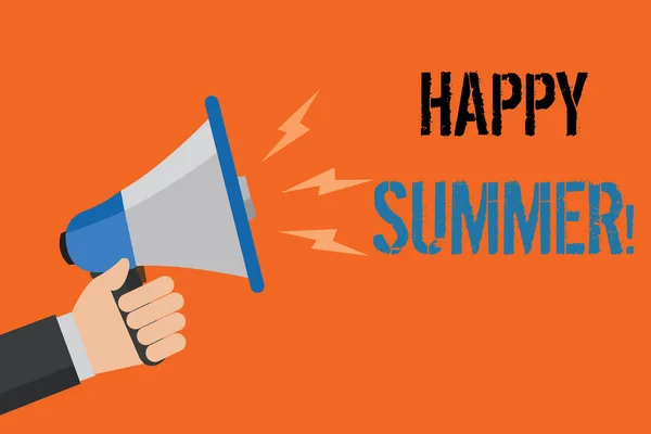 Conceptuele hand schrijven weergegeven: Happy Summer. Zakelijke foto tekst stranden Sunshine ontspanning warme zonnige seizoen Solstice Man bedrijf luidspreker oranje achtergrond boodschap luid spreken. — Stockfoto