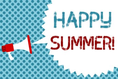 Mutlu yaz gösterilen metin işareti. Kavramsal fotoğraf plajlar Sunshine gevşeme sıcak güneşli sezon Solstice megafon hoparlör konuşma balonu mesaj mavi arka plan noktalı resim.