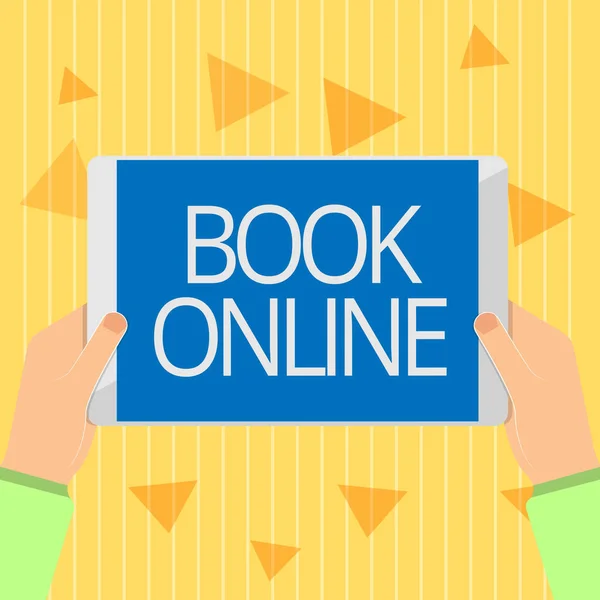 Handwriting text Book Online. Concept meaning Reserve accommodations plane tickets events over the internet — Stock Photo, Image