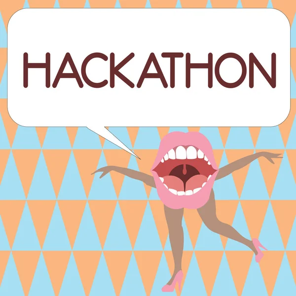 Sinal de texto a mostrar Hackathon. Evento de foto conceitual onde grande número de exibições se envolvem em programação — Fotografia de Stock