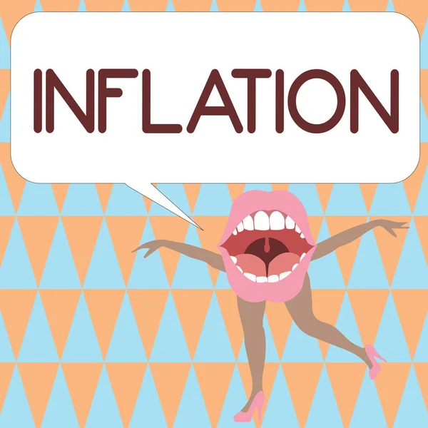Znak tekstowy Wyświetlono inflacji. Koncepcyjne zdjęcie ogólne wzrost cen i spadek zakupów wartości pieniądza — Zdjęcie stockowe