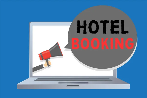 Writing note showing Hotel Booking. Business photo showcasing Online Reservations Presidential Suite De Luxe Hospitality Man holding megaphone loudspeaker speech bubble message speaking loud. — Stock Photo, Image