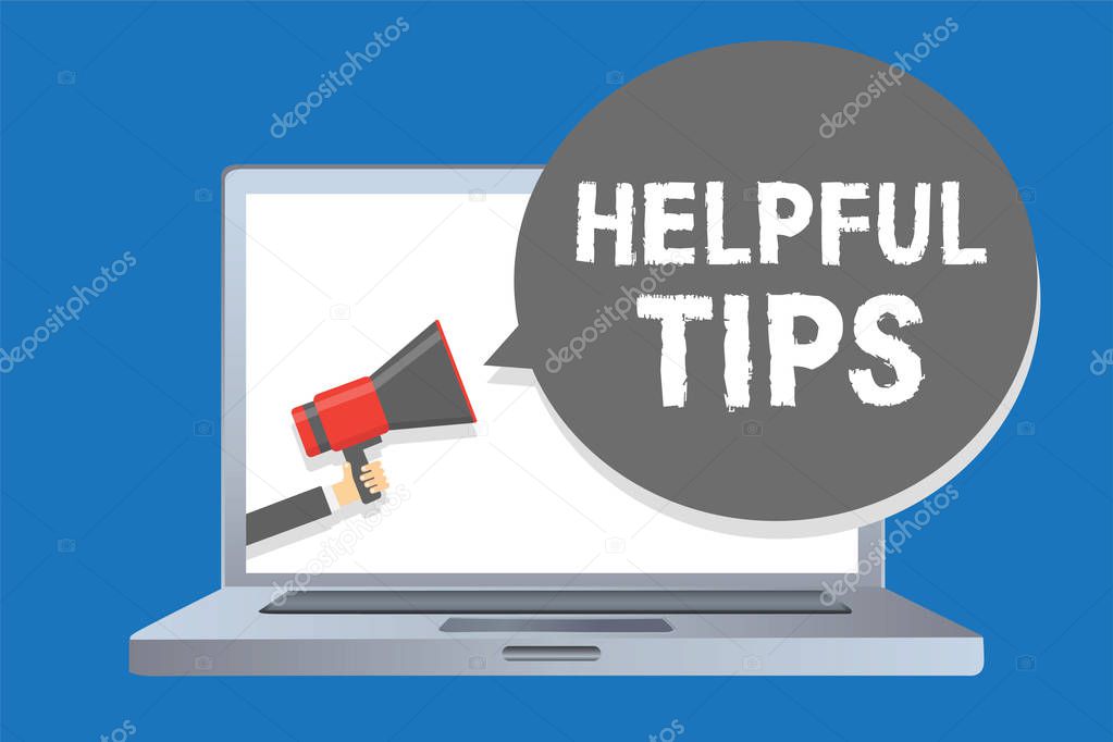 Writing note showing Helpful Tip s is. Business photo showcasing Ask an Expert Solutions Hints Consulting Warning Man holding megaphone loudspeaker speech bubble message speaking loud.