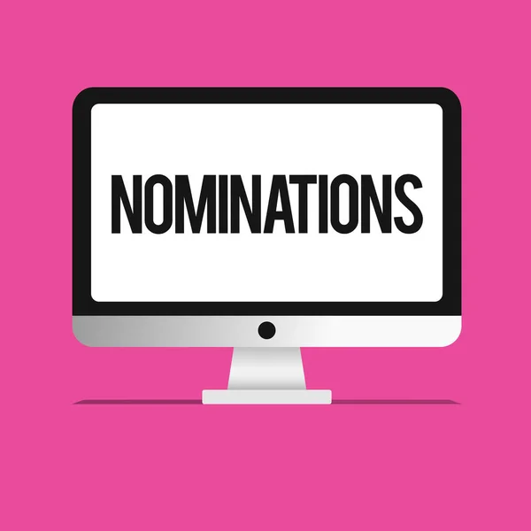 Conceptual hand writing showing Nominations. Business photo text Suggestions of someone or something for a job position or prize — Stock Photo, Image