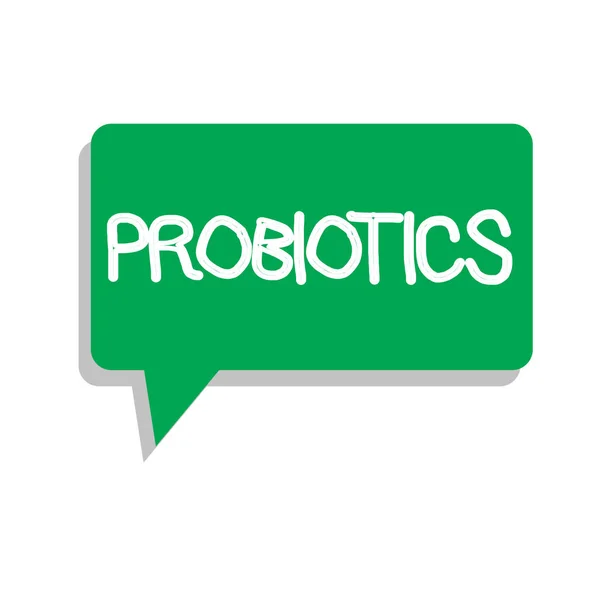 개념적 손을 Probiotics를 보여주는 작성입니다. 비즈니스 사진 텍스트 라이브 박테리아 미생물 그 혜택에 대 한 본문에 호스팅 — 스톡 사진