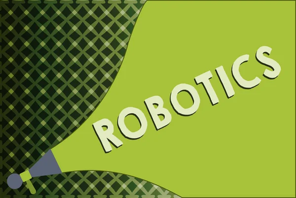 Escribiendo nota mostrando Robótica. Foto de negocios mostrando rama de la tecnología que se ocupa de la construcción de diseño de robots —  Fotos de Stock