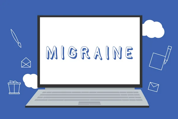 Texto manuscrito Migraña. Concepto que significa dolor de cabeza pulsátil recurrente que afecta un lado de la cabeza —  Fotos de Stock