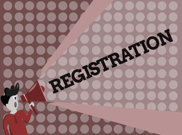 Writing note showing Registration. Business photo showcasing Action or process of registering or being registered Subscribe