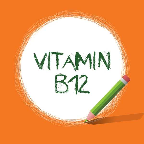 Koncepcyjne w zapasie pismo, Wyświetlono witaminy B12. Biznesowe zdjęcie prezentujący grupę substancji niezbędnych dla funkcjonowania niektórych enzymów — Zdjęcie stockowe