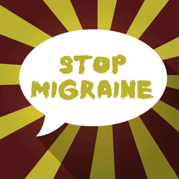 Sinal de texto mostrando Stop Migraine. Foto conceitual Prevenir o ataque completo de dor de cabeça Retirada de cafeína — Fotografia de Stock