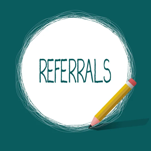 Conceptual hand writing showing Referrals. Business photo text Act of referring someone or something for consultation review — Stock Photo, Image