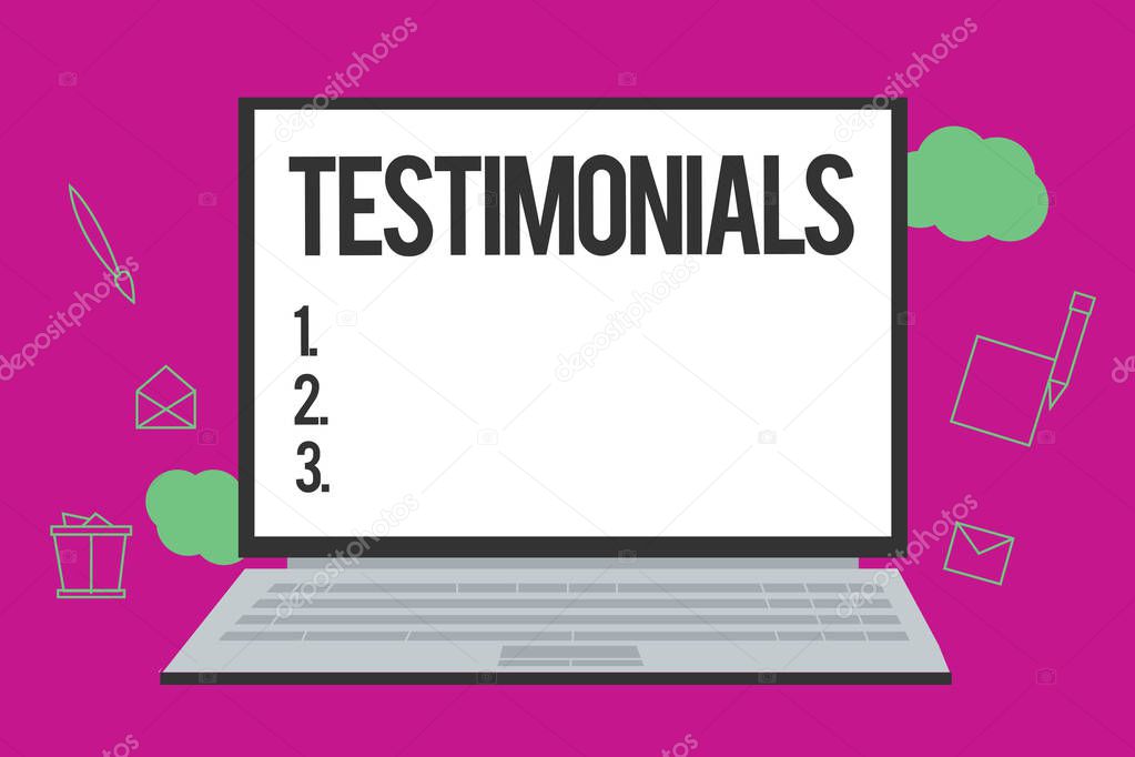 Conceptual hand writing showing Testimonials. Business photo text Formal statement testifying to someone qualifications