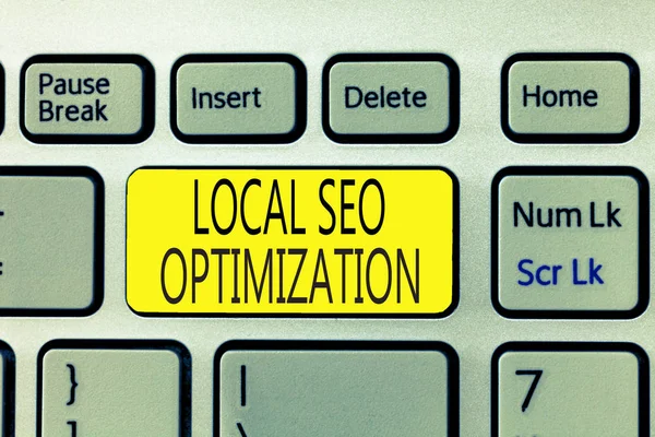 Text sign showing Local Seo Optimization. Conceptual photo increase Search Visibility to Rank on Top list — Stock Photo, Image