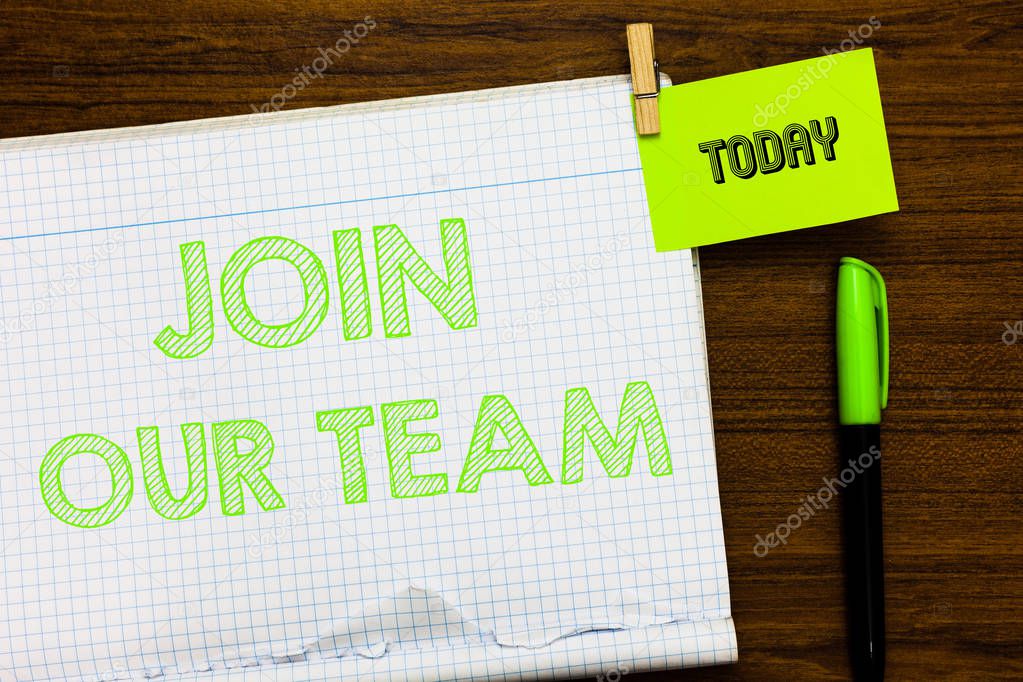 Writing note showing Join Our Team. Business photo showcasing Allied Associate Work with us New Employee Hired Enlist Open notebook page markers holding paper heart wooden background.