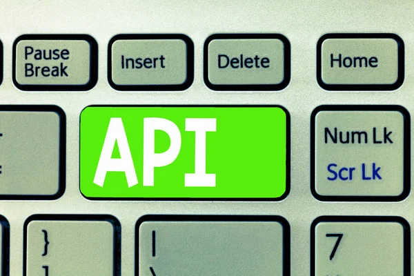 Conceptuele hand schrijven tonen Api. Zakelijke foto tekst Tools voor het bouwen van software Computer programming routines protocollen — Stockfoto