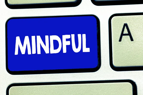 Escribiendo nota mostrando Mindful. Foto de negocios mostrando Consciente Consciente de algo Inclinado Dispuesto a hacer Meditación — Foto de Stock