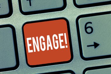 Conceptual hand writing showing Engage. Business photo showcasing Participate Become involved Marriage proposal Employ someone clipart