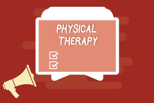Sinal de texto mostrando Fisioterapia. Foto conceitual Tratamento ou análise da deficiência física Fisioterapia — Fotografia de Stock