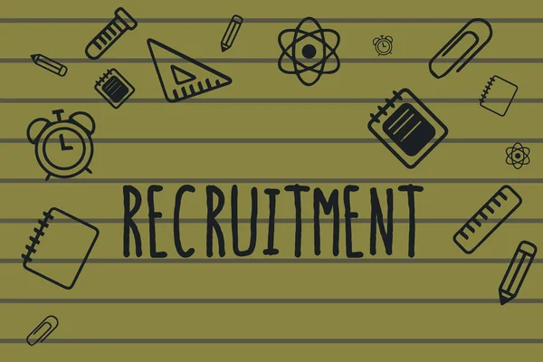 Text sign showing Recruitment. Conceptual photo Finding showing to work for a company or become a new member — Stock Photo, Image