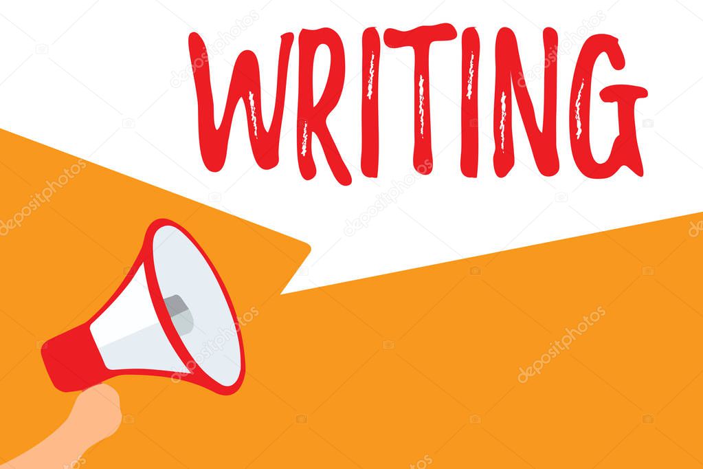 Text sign showing Writing. Conceptual photo Action of write something Making important notes letters papers Megaphone loudspeaker speech bubbles important message speaking out loud.