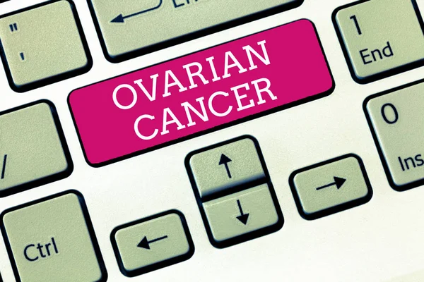 Handwriting text Ovarian Cancer. Concept meaning abnormal cells in the ovary begin to multiply out of control