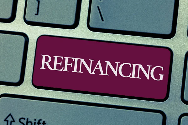 Handwriting text writing Refinancing. Concept meaning Finance again with new loans at a lower rate of interest — Stock Photo, Image