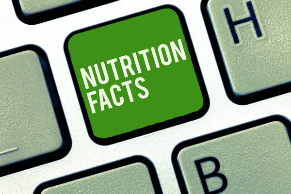 Kavramsal el beslenme gerçekler gösterilen yazma. Yiyeceklerin besin hakkında ayrıntılı bilgi vitrine iş fotoğraf — Stok fotoğraf