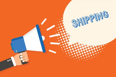 Nakliye yazma el yazısı metin. Kavram anlam gemi olarak kabul topluca özellikle belirli alandaki adam elinde megafon hoparlör konuşma balonu turuncu arka plana noktalı resim.