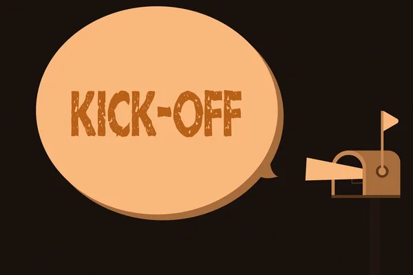 Handwriting text Kick Off. Concept meaning start or resumption of football match in which player kicks ball