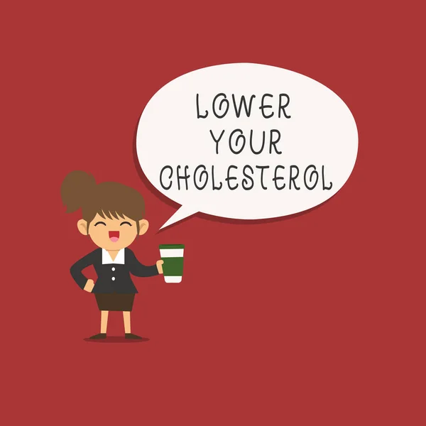 Texte d'écriture de mot Baissez votre cholestérol. Concept d'entreprise pour Réduire la consommation d'aliments gras Faire de l'exercice régulièrement — Photo