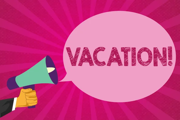 Text sign showing Vacation. Conceptual photo Period spent away from home or business Travel Recreation — Stock Photo, Image